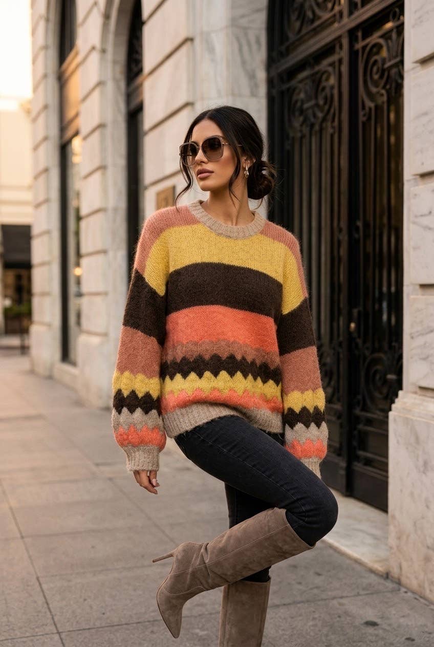 Women's oversized striped knit sweater: Brun / L/XL