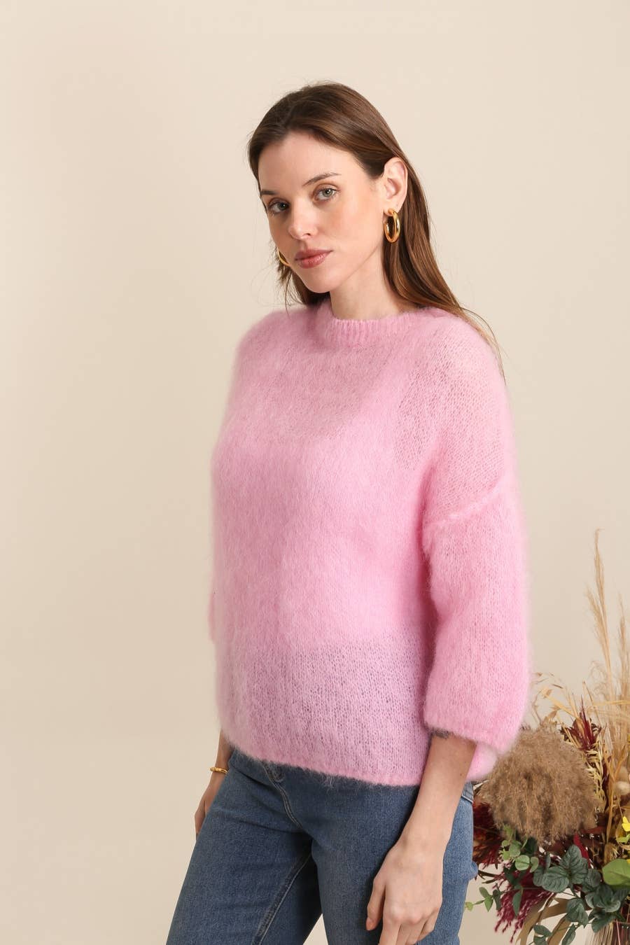 SHORT SLEEVE ROUND NECK SWEATER IN 80% KID MOHAIR: Lilas / One size