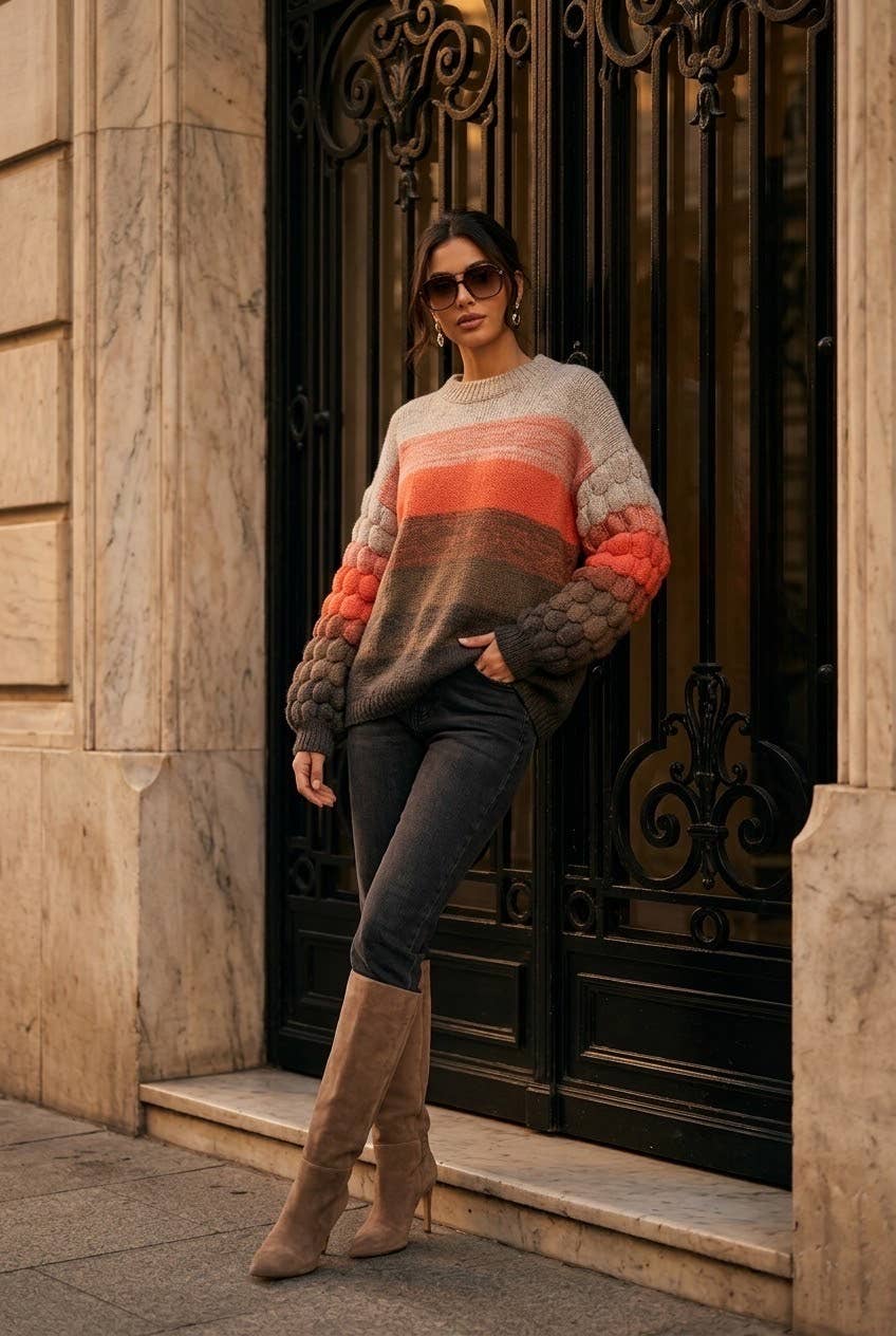 Women's striped novelty knit sweater: Orange / L/XL