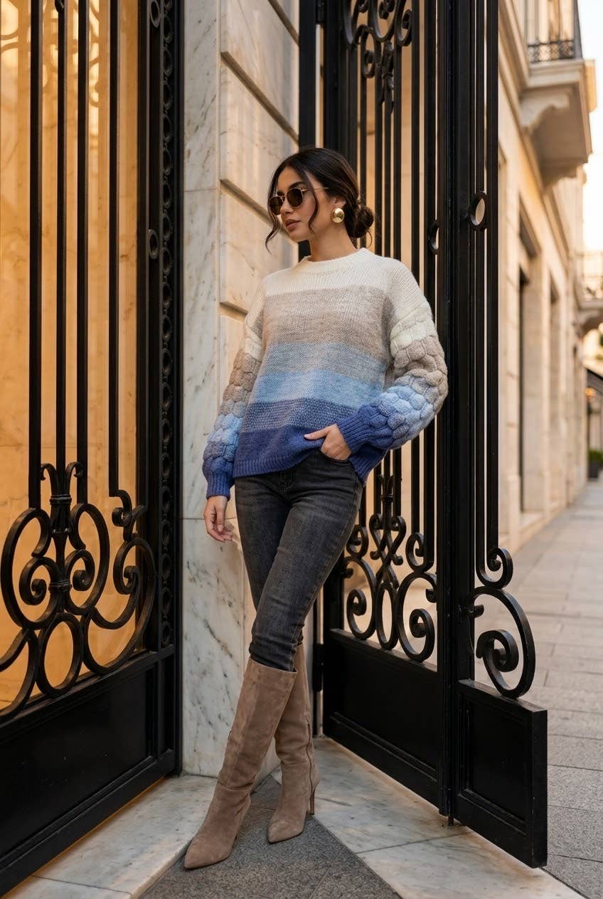 Women's striped novelty knit sweater: Orange / L/XL